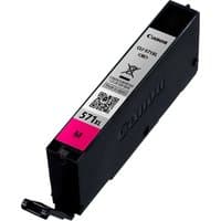 Canon CLI-571XL magenta ink cartridge, black casing, pink label, high yield, QR code, Canon branding.