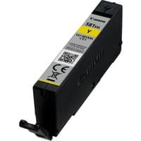 Black Canon CLI-581XXL yellow ink cartridge with yellow label, QR code, and model details on top.