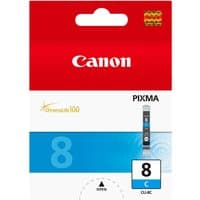 Canon CLI-8C cyan ink cartridge in red and blue packaging with Canon logo and Pixma branding.