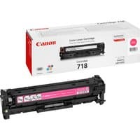 Canon CRG-718 M toner cartridge, black casing with magenta label, next to branded white and red packaging box.