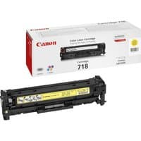 Canon CRG-718 Y toner cartridge, original yellow, black casing with yellow label, box packaging in background.