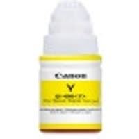 Yellow Canon GI-490Y ink bottle with white cap and label, designed for refillable inkjet printers.