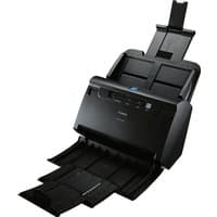 Black Canon imageFORMULA DR-C230 desktop scanner with open paper trays and control buttons on the front panel.