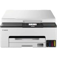 White Canon MAXIFY GX1050 printer with touchscreen, front paper tray, and visible ink tanks on the right side.