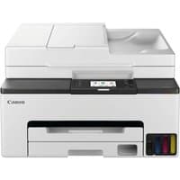 Canon MAXIFY GX2050 printer, white with black accents, touchscreen, and visible ink tanks on the front.