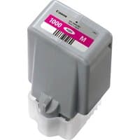 Gray Canon PFI-1000M magenta ink cartridge with pink label and barcode on top.