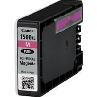 Canon PGI-1500XL magenta ink cartridge, black casing, pink label, QR code, and push button.