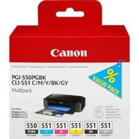 Canon ink cartridge multipack with six colors in red box, labeled PGI-550/CLI-551 PGBK/C/M/Y/BK/GY.