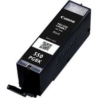 Black Canon PGI-550PGBK ink cartridge with white text, QR code, and transparent top section.