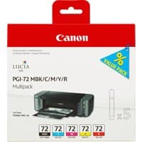 Canon PGI-72 MBK/C/M/Y/R multipack with five ink cartridges in red and white box, printer image on front.