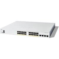 Cisco Catalyst 1300-24FP-4G switch, white, 24 GE ports, 4 SFP slots, PoE support, compact rectangular design.