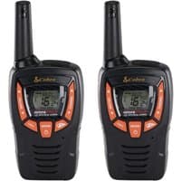 Black Cobra AM655 8km 2-Way PMR Radios, orange buttons, LCD screen, and antenna, set of two.