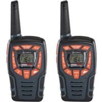Black and orange Cobra AM855 10km 2-way radios with digital screens and buttons, featuring antennas on top.