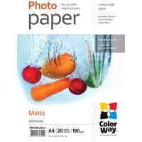 Colorway PM190020A4 matte photo paper, A4 size, with colorful fruit splash design on white background.