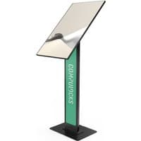Black Compulocks VESA floor stand with adjustable screen mount and brandable panel for screens up to 32 inches.