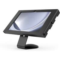 Black Compulocks Galaxy Tab A9+ 11" enclosure with sleek stand, angled display, and secure frame design.