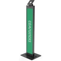 Black Compulocks VESA floor stand with green brandable panel and rectangular base.
