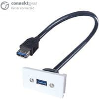 White connektgear AV Snap-In USB 3.0 Type A Module, 0.2m cable, socket to socket, rectangular faceplate with screws.