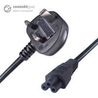 Black connektgear 2m UK mains power cable with UK plug and C5 cloverleaf socket.