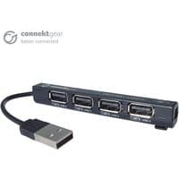 Black connektgear 4 Port USB 2 Hub, slim rectangular design with attached USB cable, four labeled USB ports.