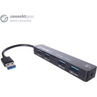 Black connektgear USB 3.0 4-port hub with attached cable, compact rectangular design, blue port interiors.