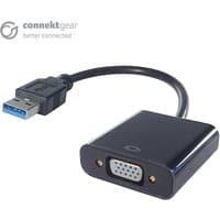 Black connektgear USB 3 to VGA adapter with A male USB and VGA female port, compact design.
