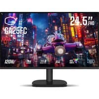 Black Cooler Master GA25FC 24.5" monitor with thin bezel, vibrant cityscape display, and 120Hz refresh rate.