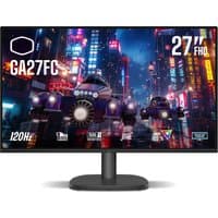 Curved Cooler Master GA27FC 27" monitor, 1920x1080 resolution, black frame, vibrant cityscape display, 120Hz refresh rate.