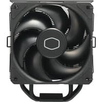Black Cooler Master Hyper 212 air cooler with 12 cm fan and sleek black fins for efficient processor cooling.