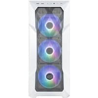 White Cooler Master midi tower with mesh front panel and three RGB fans.