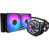 Black Cooler Master liquid cooler with dual RGB fans and hexagonal pump design.