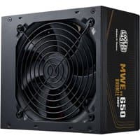 Black Cooler Master MWE Bronze 650W power supply with large cooling fan and 24-pin ATX connector.