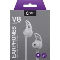 White CORE V8 earphones with ergonomic ear hooks, flat cable, and sleek design in a purple and gray package.