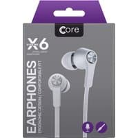 White CORE X6 earphones with ergonomic design, tangle-free cord, and metallic accents on earbuds in purple packaging.