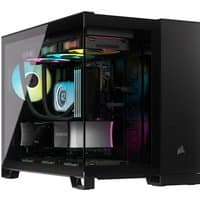 Black Corsair 2500X RGB Micro Tower with glass side panel and colorful internal lighting.
