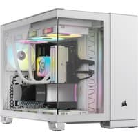 White Corsair 2500X RGB Micro Tower with tempered glass panel and colorful LED fans.