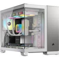 Corsair grey and white Midi Tower computer case with glass panel, RGB lighting, and visible internal components.