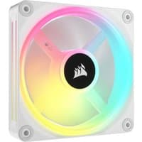 White Corsair 12 cm computer cooling fan with RGB lighting and Corsair logo in the center.
