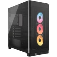Black Corsair gaming PC case with tempered glass, ARGB fans, and sleek design.