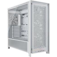 White Corsair FRAME 5000D RS Midi Tower with mesh front panel, tempered glass side, and multiple cooling fans.