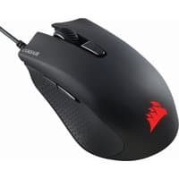 Black Corsair Harpoon RGB Pro gaming mouse, right-hand design, USB Type-A, optical sensor, red logo, textured grip.