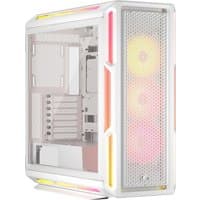 White Corsair iCUE LINK 5000T LX RGB Midi Tower with mesh front panel, three RGB fans, and colorful LED accents.