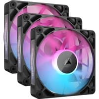Black Corsair iCUE LINK RX120 RGB computer case fans, 12 cm, with vibrant pink and blue lighting, set of 3.