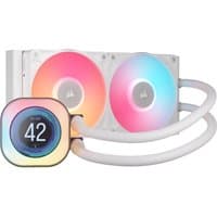White Corsair liquid cooler with dual 12 cm RGB fans, LCD display showing "42", and sleek tubing design.
