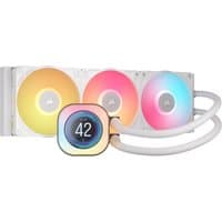 White Corsair iCUE LINK TITAN 360 RX LCD liquid cooler with three RGB fans and circular LCD display.