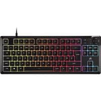 Black Corsair K55 CORE TKL RGB gaming keyboard with colorful backlit keys, USB connection, and UK QWERTY layout.