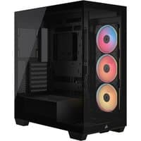 Corsair black midi tower case with tempered glass, RGB fans, and sleek design.