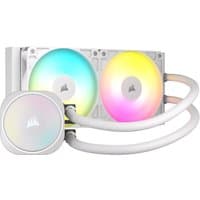 White Corsair liquid cooler with dual ARGB fans, round pump head, and flexible tubing.