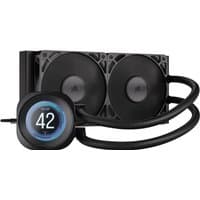 Black Corsair liquid cooler with dual 12 cm fans and circular LCD display on the pump.