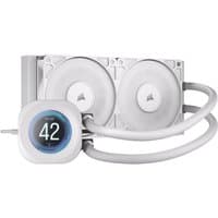 White Corsair liquid cooler with dual 12 cm fans, LCD display, and flexible tubing.
